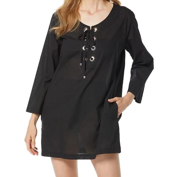 New ! Michael Kors Black Cotton Lace-Up Cover-Up Dress size‎ L - Picture 1 of 10